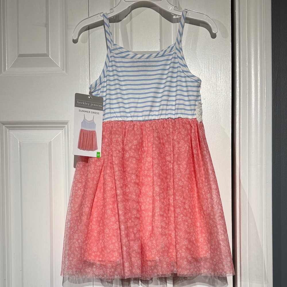 Girls white and Blue Striped Kids Casual Dress with pink tulle bottom 3T - Picture 5 of 7